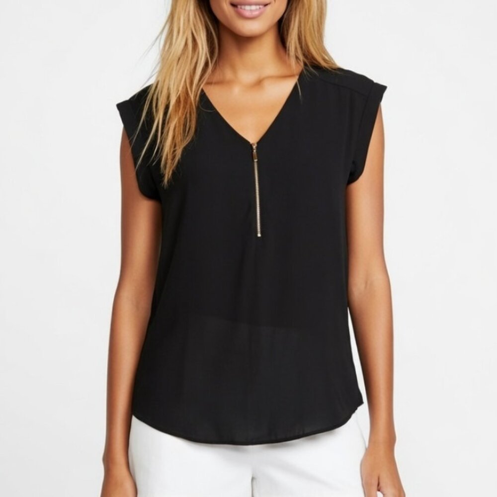 Express Women's Black V-Neck Blouse with Gold Zipper